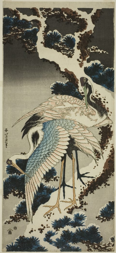 Cranes on Snow-Covered Pine by Katsushika Hokusai, colour woodblock print