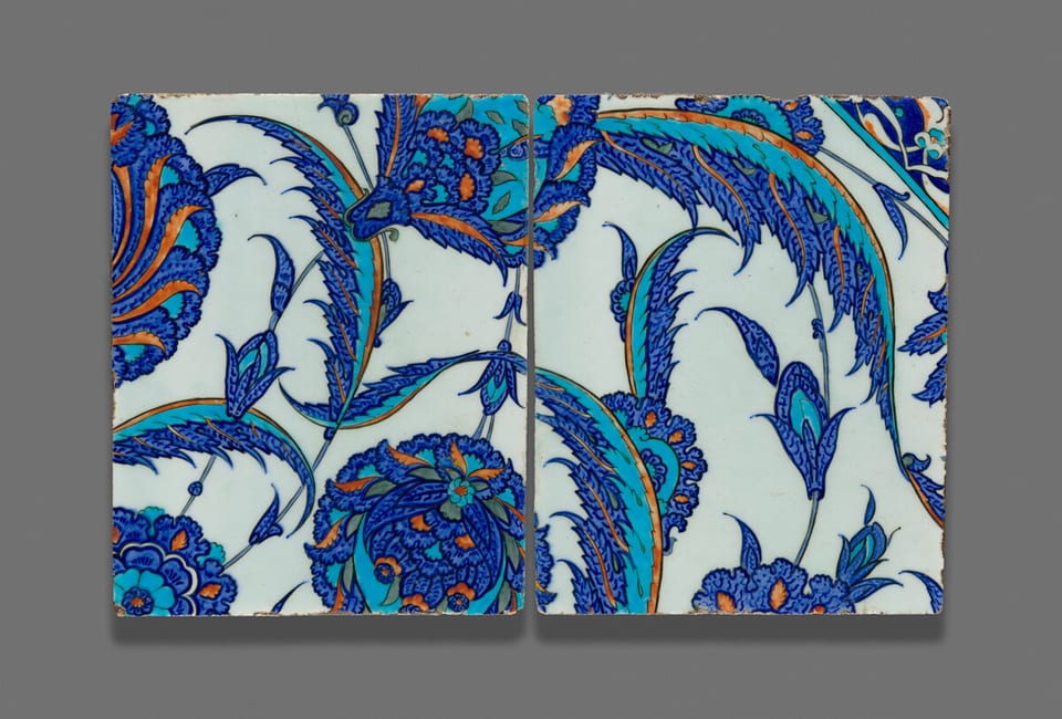 Pair of Tiles with Floral Design by Ottoman Turkey (Iznik), fritware, underglaze